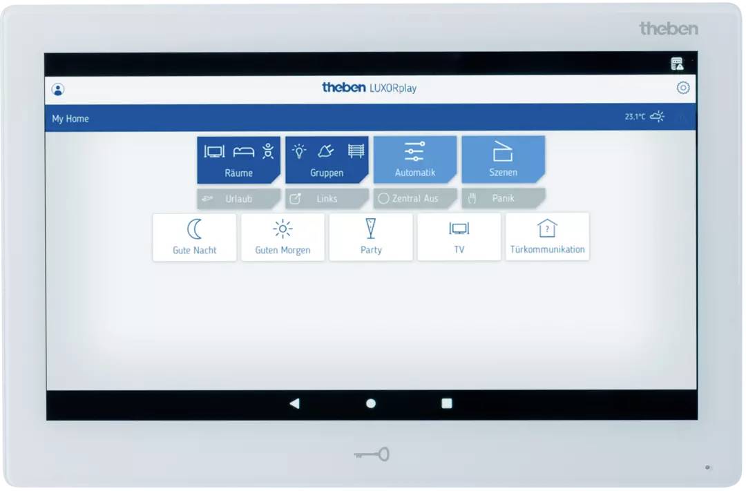 Touchscreen home automation dashboard labeled 'theben LUXORplay' with menu tiles for rooms, groups, automatics, scenes, and quick actions like 'Gute Nacht', 'Guten Morgen', 'Party', 'TV', and 'Türkommunikation'.