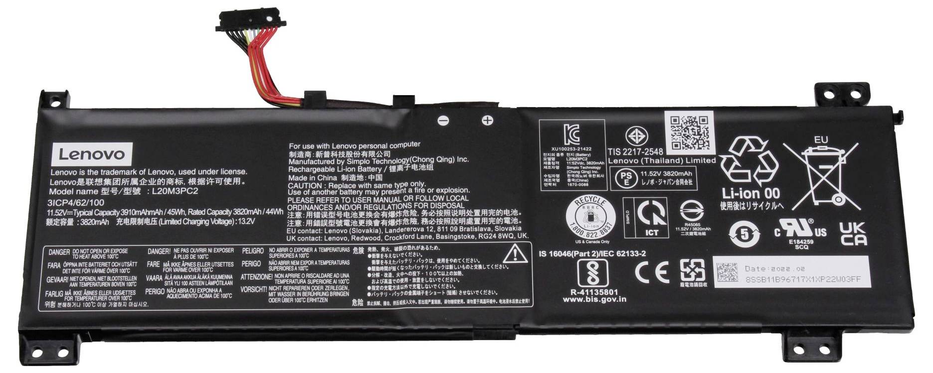 Black Lenovo laptop battery pack with model and safety labels, shown horizontally on a white background.