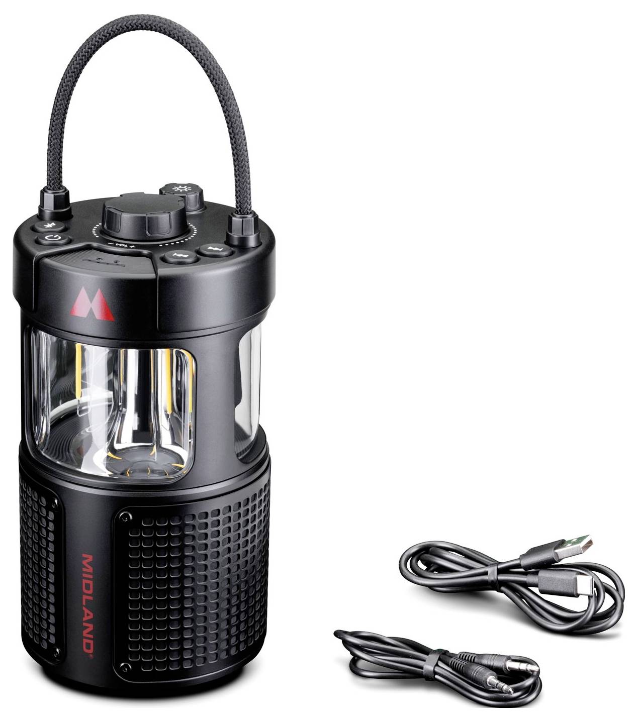 Black portable lantern with handle, control dial, and clear lens, shown with two charging cables on a white background.