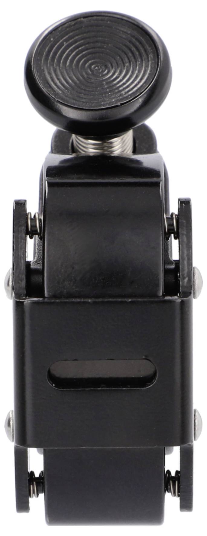 Black adjustable roller skate wheel assembly shown front view on a white background.