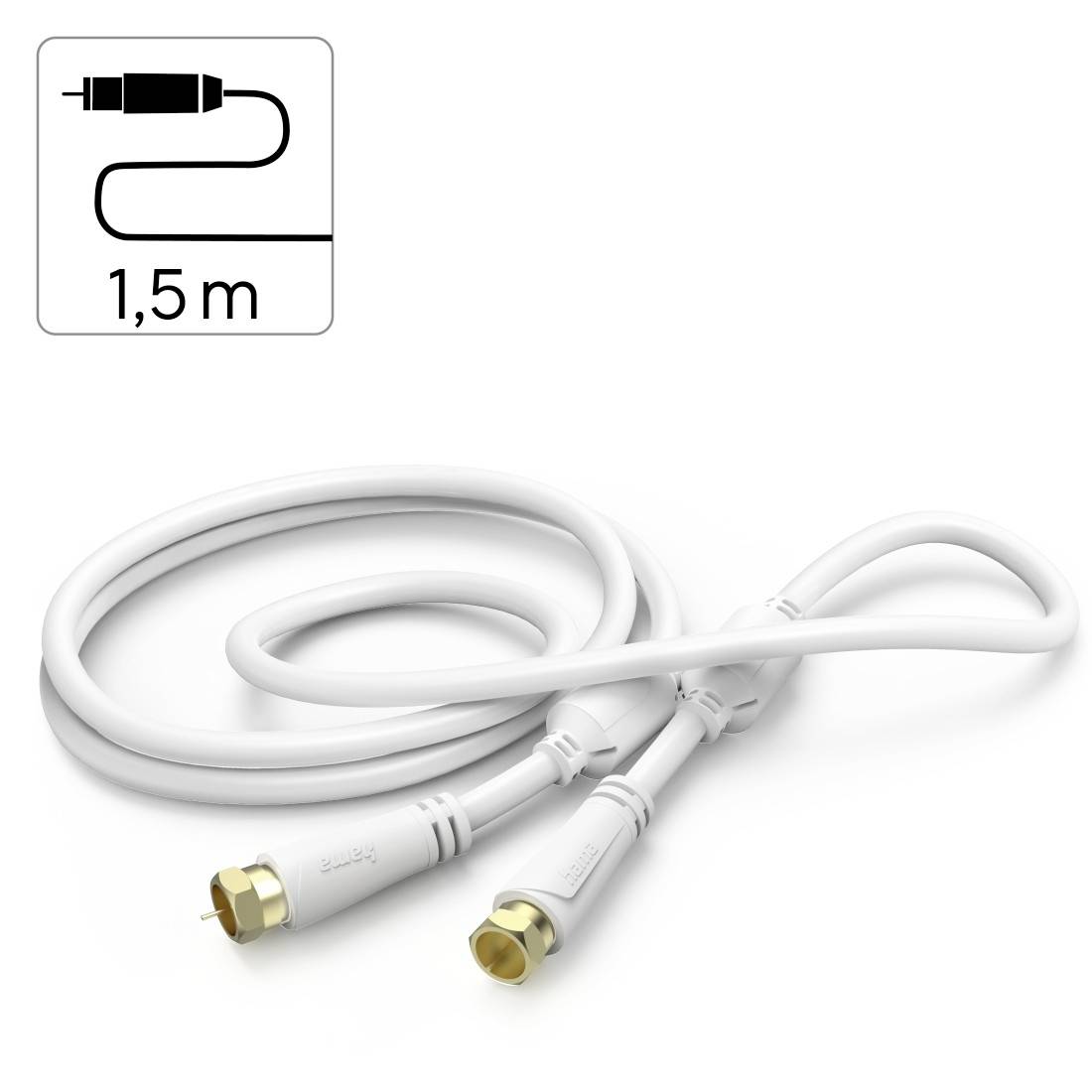 White coaxial cable with two gold connectors, labeled 1,5 m, shown coiled on a white background.<br>