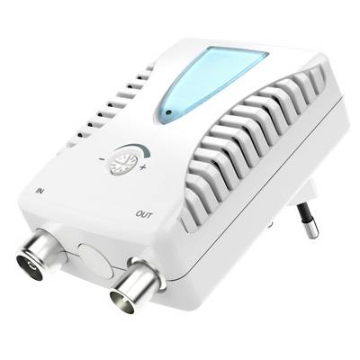 White electronic signal booster or amplifier with two coaxial ports, adjustable dial, and blue indicator light on a white background