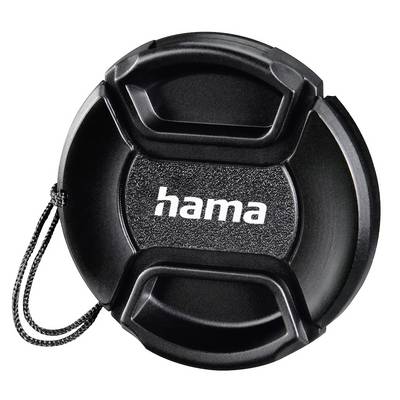 Black Hama camera lens cap with attached wrist strap, shown front view on a white background.