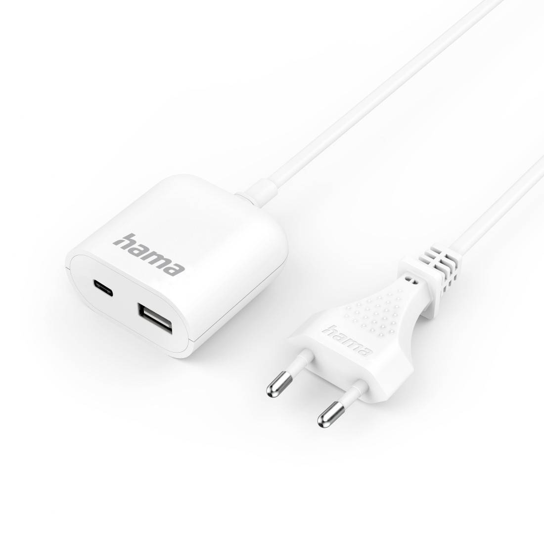 White Hama USB charger cable with wall plug, showing a USB-C and USB-A port on the adapter and a European two-pin plug.