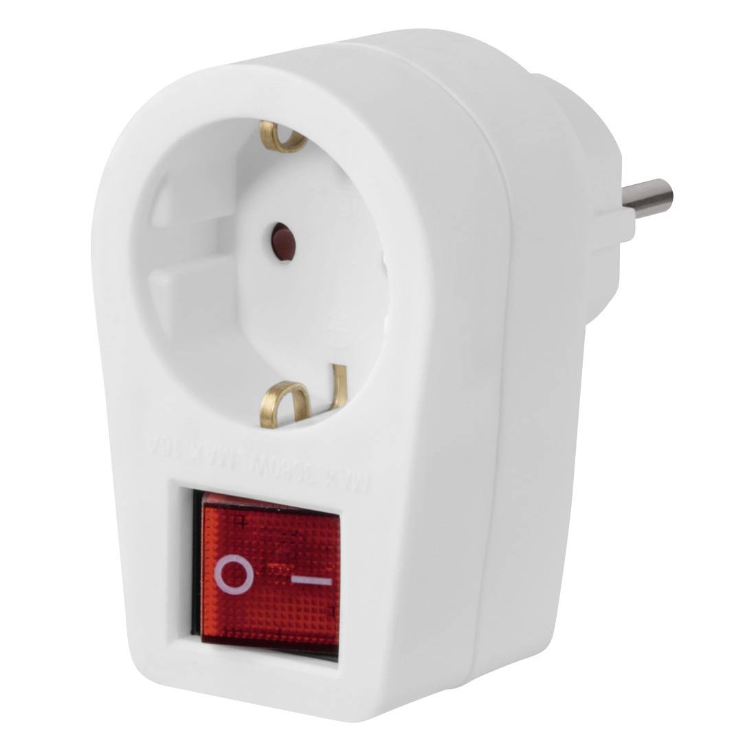 White plug-in power adapter with a European-style socket and red on/off switch.