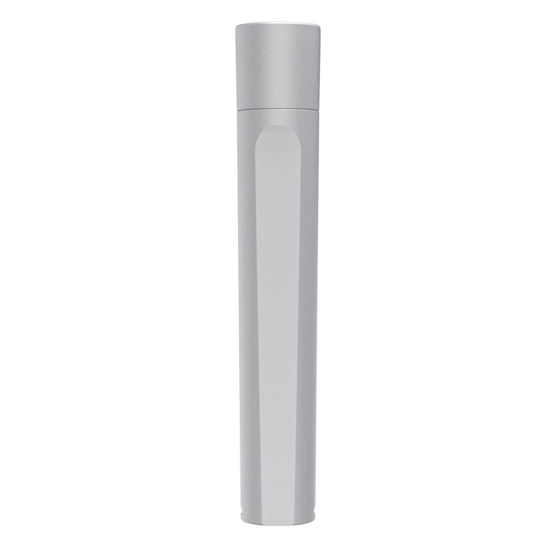 A silver cylindrical cosmetic tube or pen standing upright on a white background.