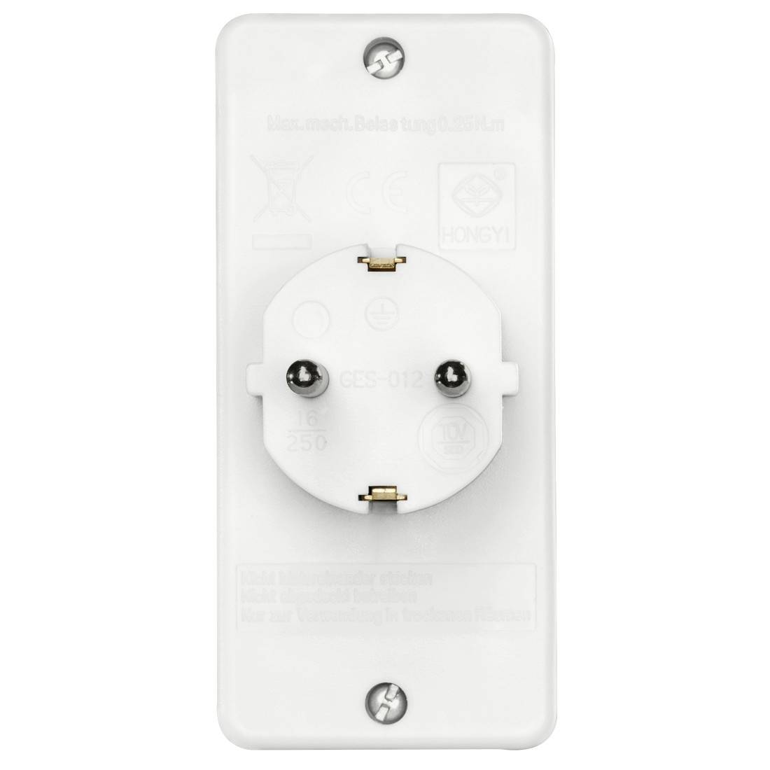 White electrical wall socket adapter with two round prongs and a single outlet on a rectangular plate.