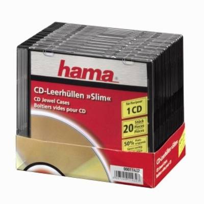 Box of Hama slim CD jewel cases, labeled for 1 CD, 20 pieces, showing empty CD sleeves packaging.