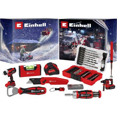 Einhell tool set product display with drill, saw, screwdriver, bits, measuring tools, and red storage cases on a white background.