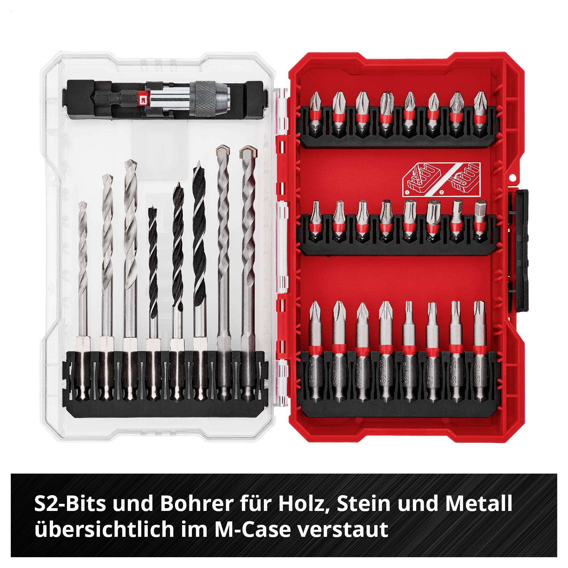 Drill and bit set in M-case: on the left, drills for wood, stone and metal, on the right, red bit selection in sorting box.