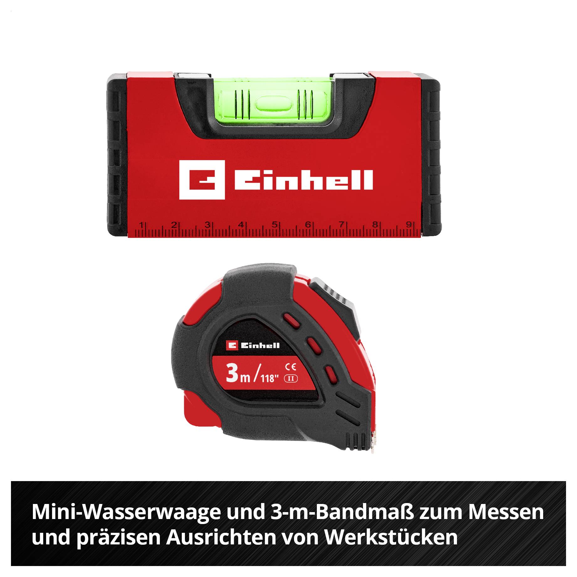 Product image featuring an Einhell mini spirit level and 3-metre tape measure; below it states: 'Mini spirit level and 3-metre tape measure for measuring and precisely aligning workpieces'.