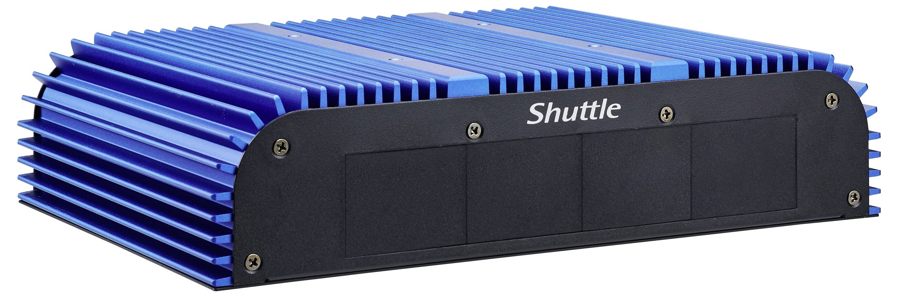 Blue finned computer component labeled 'Shuttle' with a black front panel and mounting screws, shown on a white background.