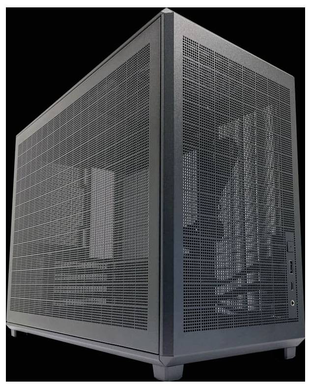 Close-up of a gray metal computer case with perforated mesh panels, showing internal components through the sides against a black background.