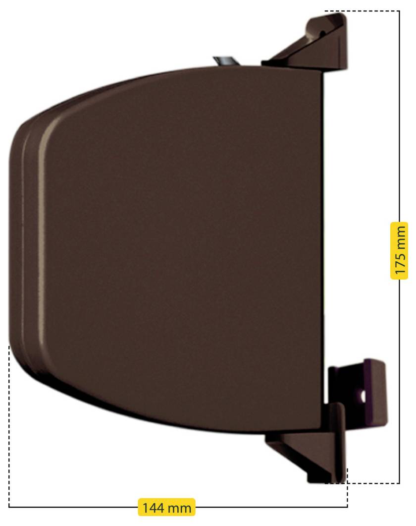 Brown wall-mounted metal bracket shown in side view with dimensions labeled 144 mm wide and 175 mm high.