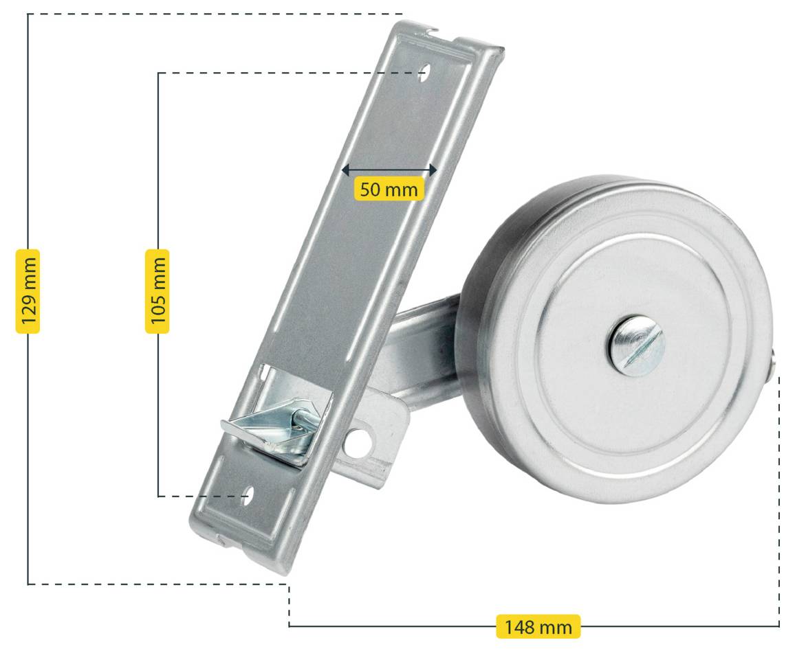 Technical drawing of a metal pulley assembly with labeled dimensions: 148 mm wide, 129 mm tall, 105 mm inner height, and 50 mm bracket width.<br>