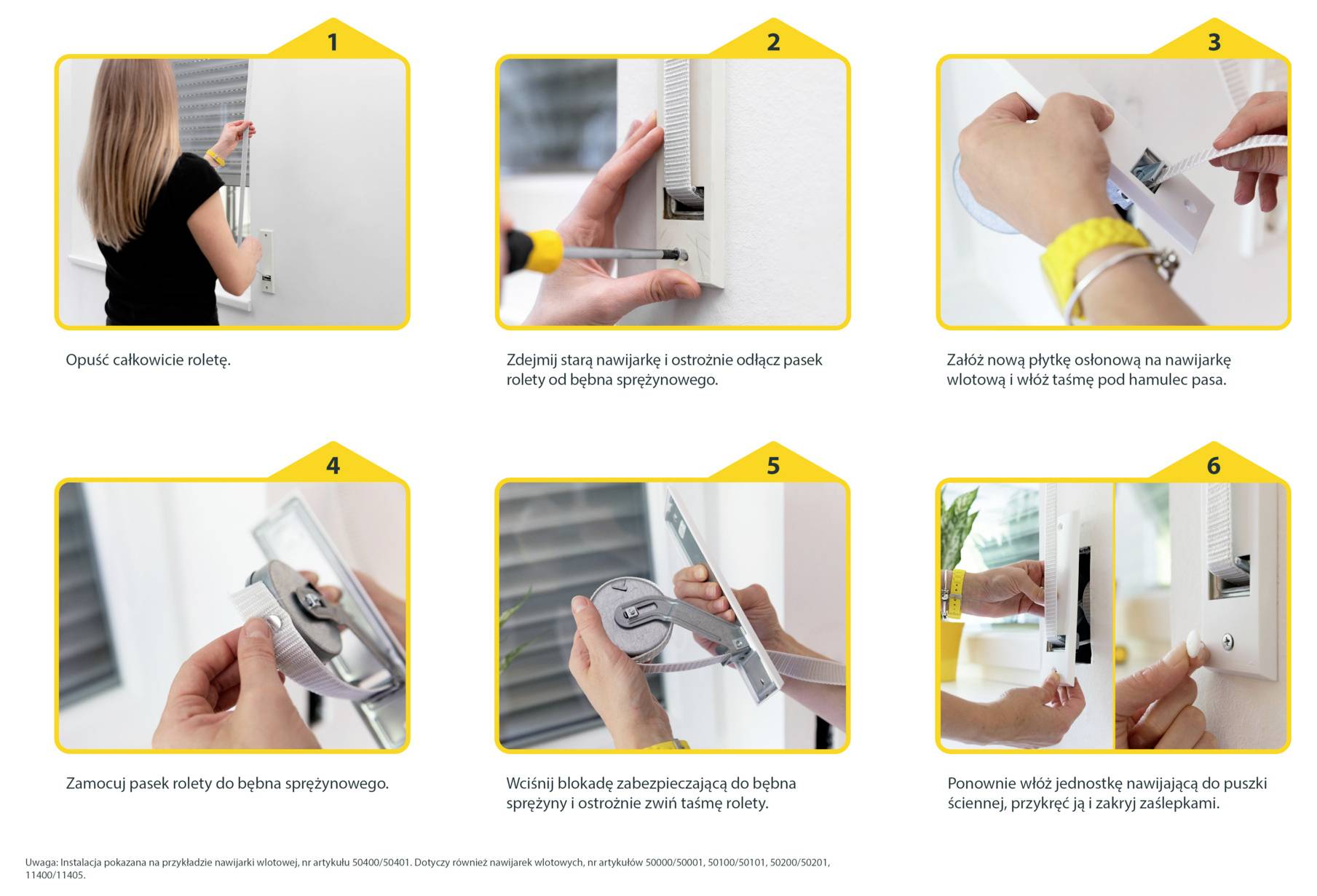 Six-step illustrated guide to replacing roller blind tape: remove blind, detach old tape, fit new tape with adjustment slider, wrap it around the drum, secure the lock, and reattach to the wall bracket.