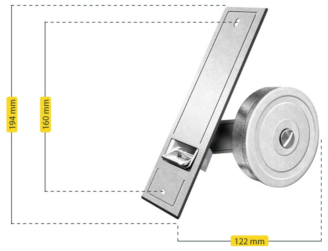 Technical diagram of a door pull handle with circular mounting base, labeled dimensions 194 mm height, 160 mm handle length, and 122 mm depth.
