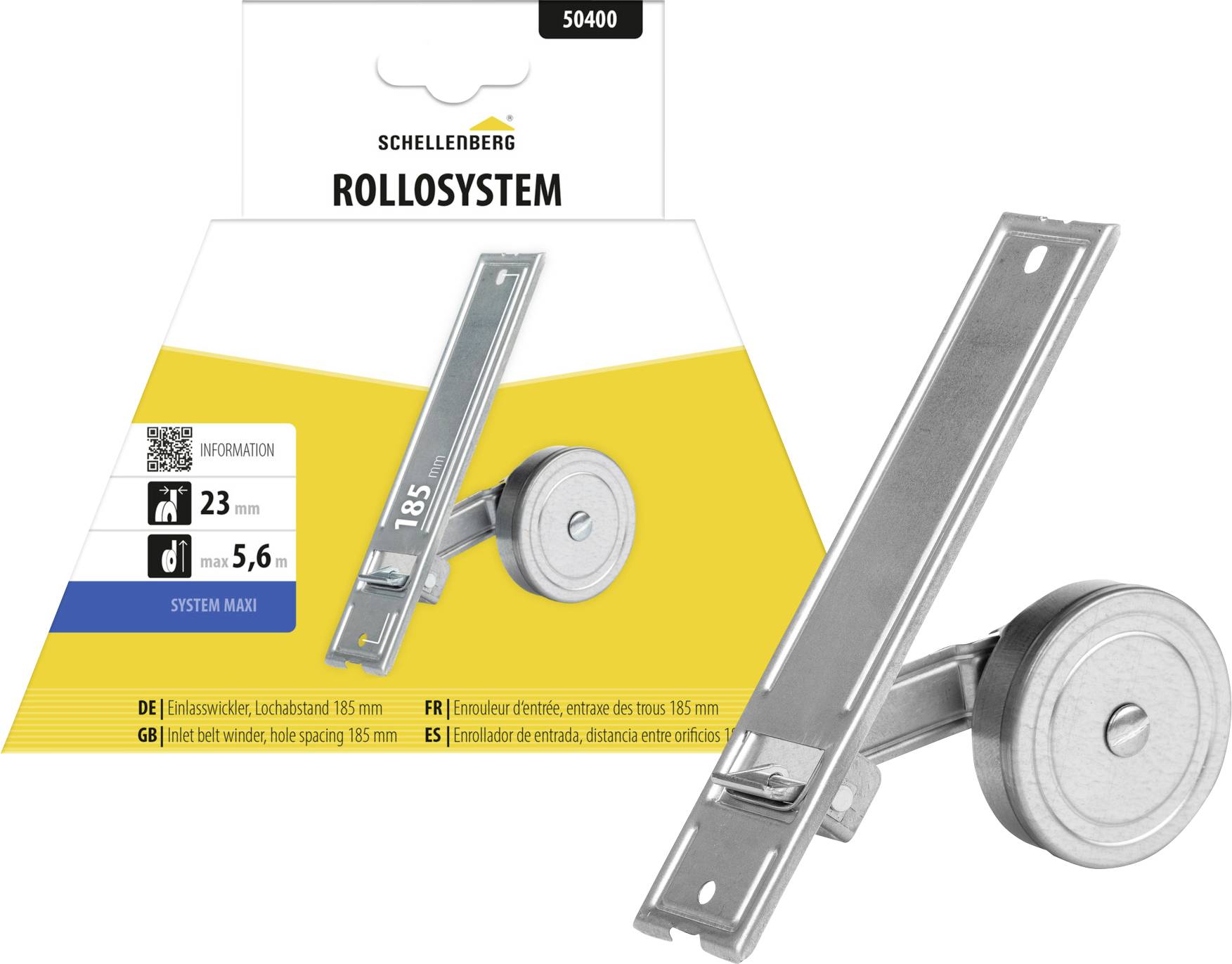 Product package and photo of a Schellenberg 'ROLLSYSTEM' window blind roller mechanism with metal bracket and wheel, showing 23 mm and max 5.6 m specifications.