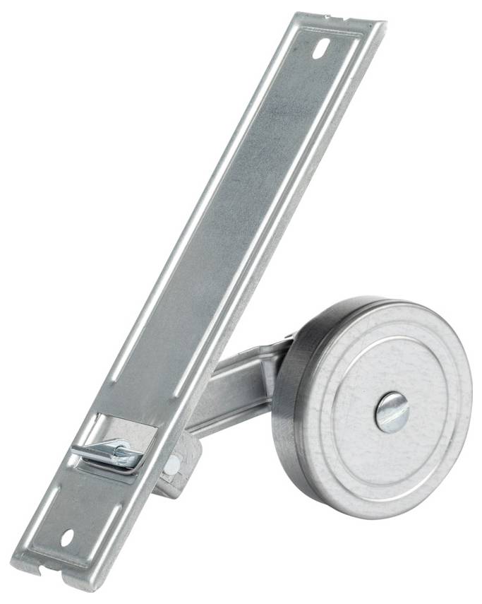 Metal garage door roller bracket with attached wheel, shown on a white background.