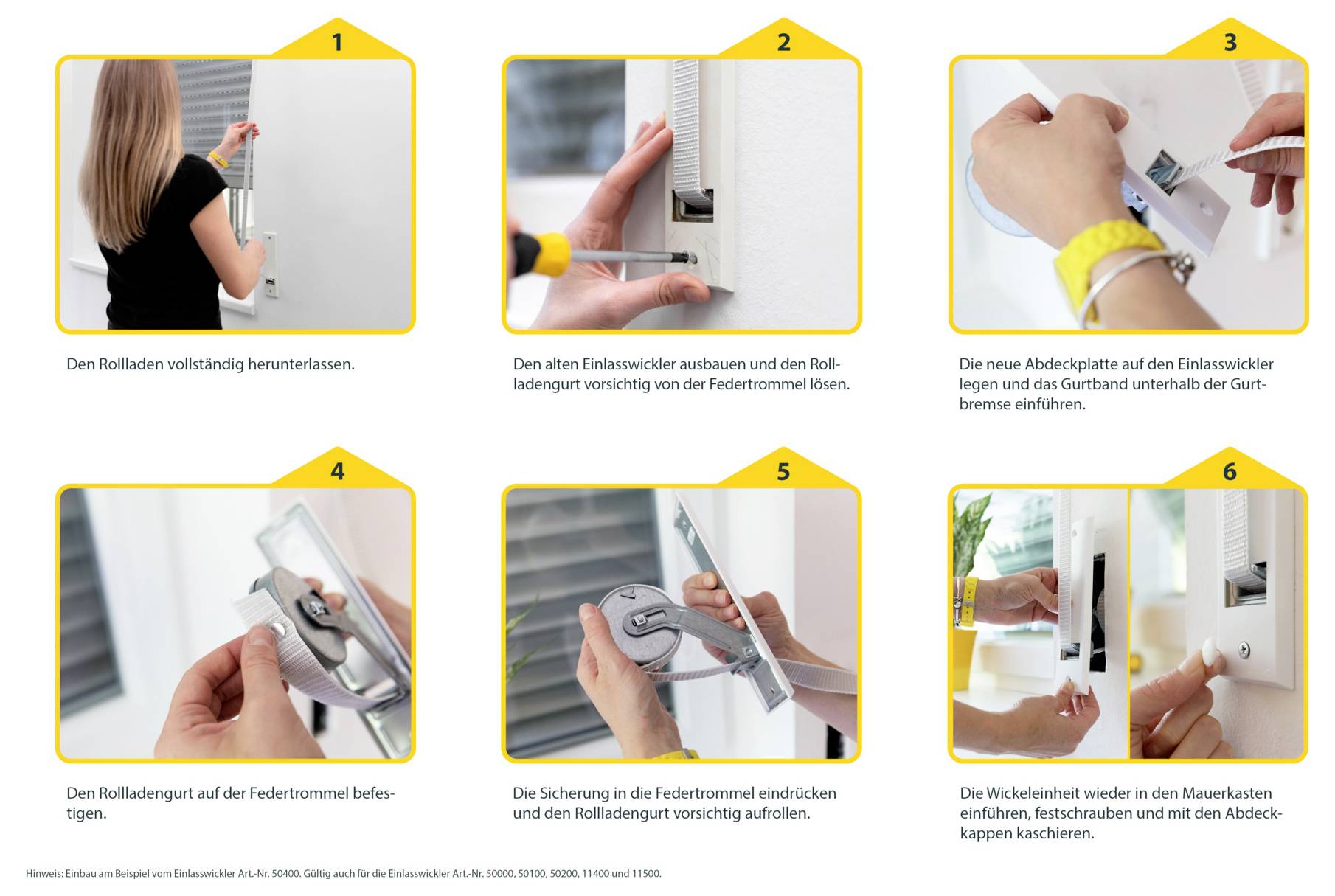 Six-step pictorial guide for replacing a roller shutter cord winder, showing removal, opening, threading, securing, winding, and reassembly.