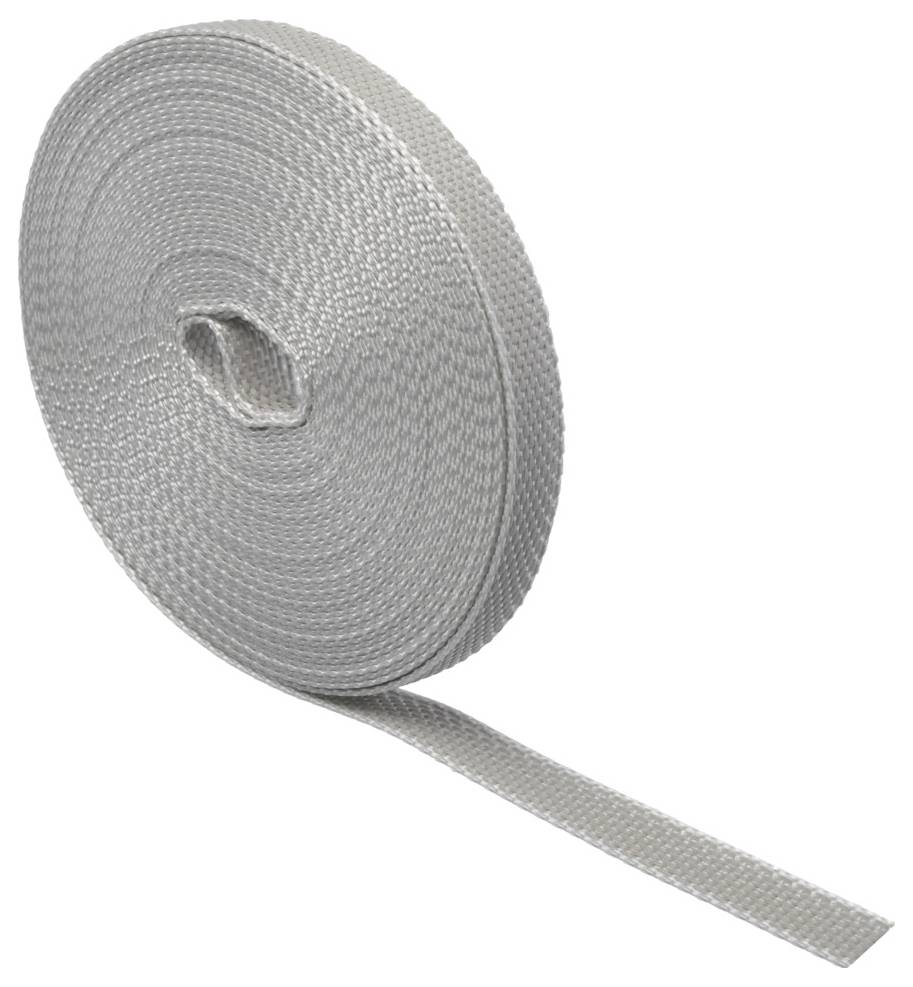 A roll of gray woven webbing tape with one loose end extending outward on a white background.
