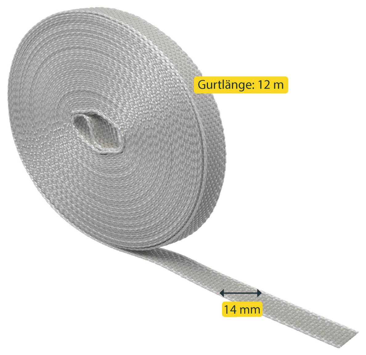 Roll of gray webbing strap labeled 'Gurtlänge: 12 m' and 14 mm wide, shown with a loose end on a white background.