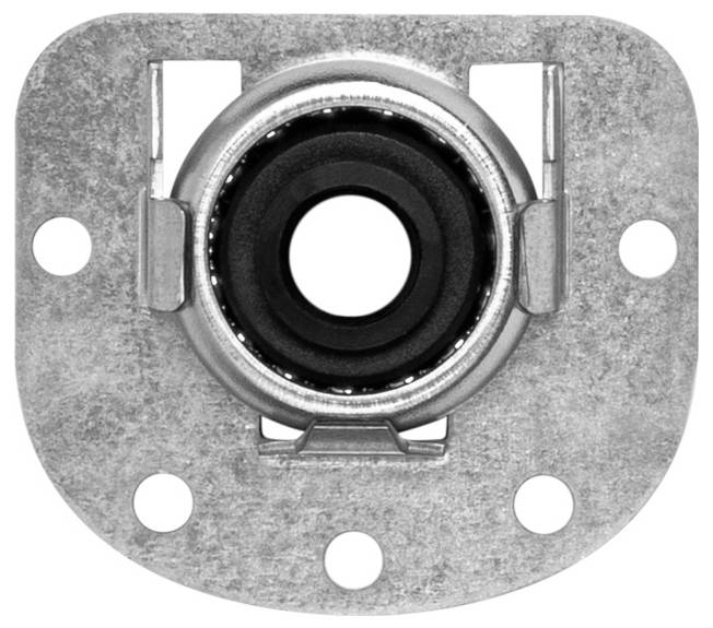 A metal flange bearing unit with a central circular bearing and four mounting holes on a square plate.