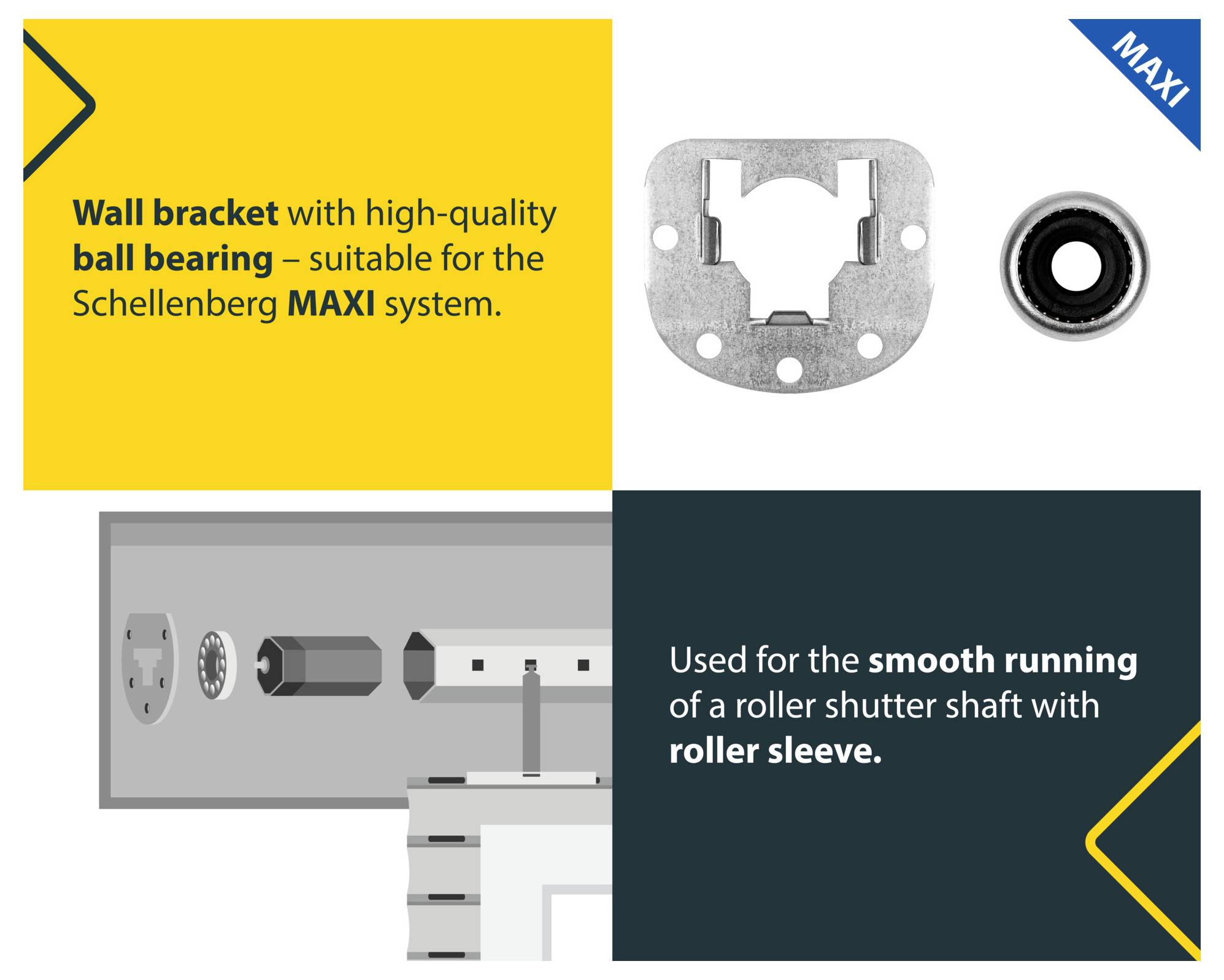 Schellenberg MAXI wall bracket with ball bearing for roller shutter shafts with roller sleeve, shown with bracket parts and installation diagram.
