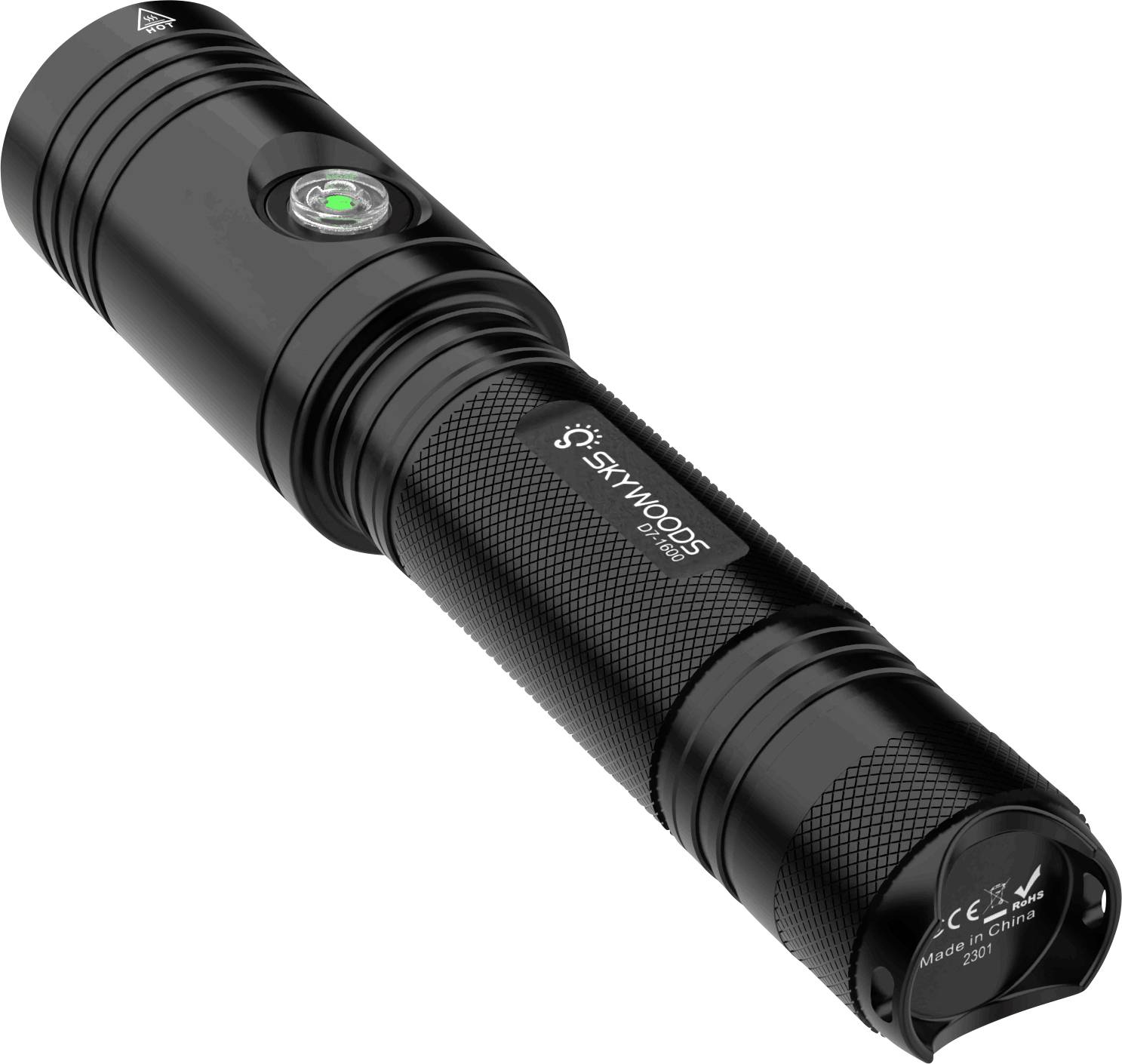 Black SkyWoods flashlight with a side button and textured grip, shown diagonally on a white background.