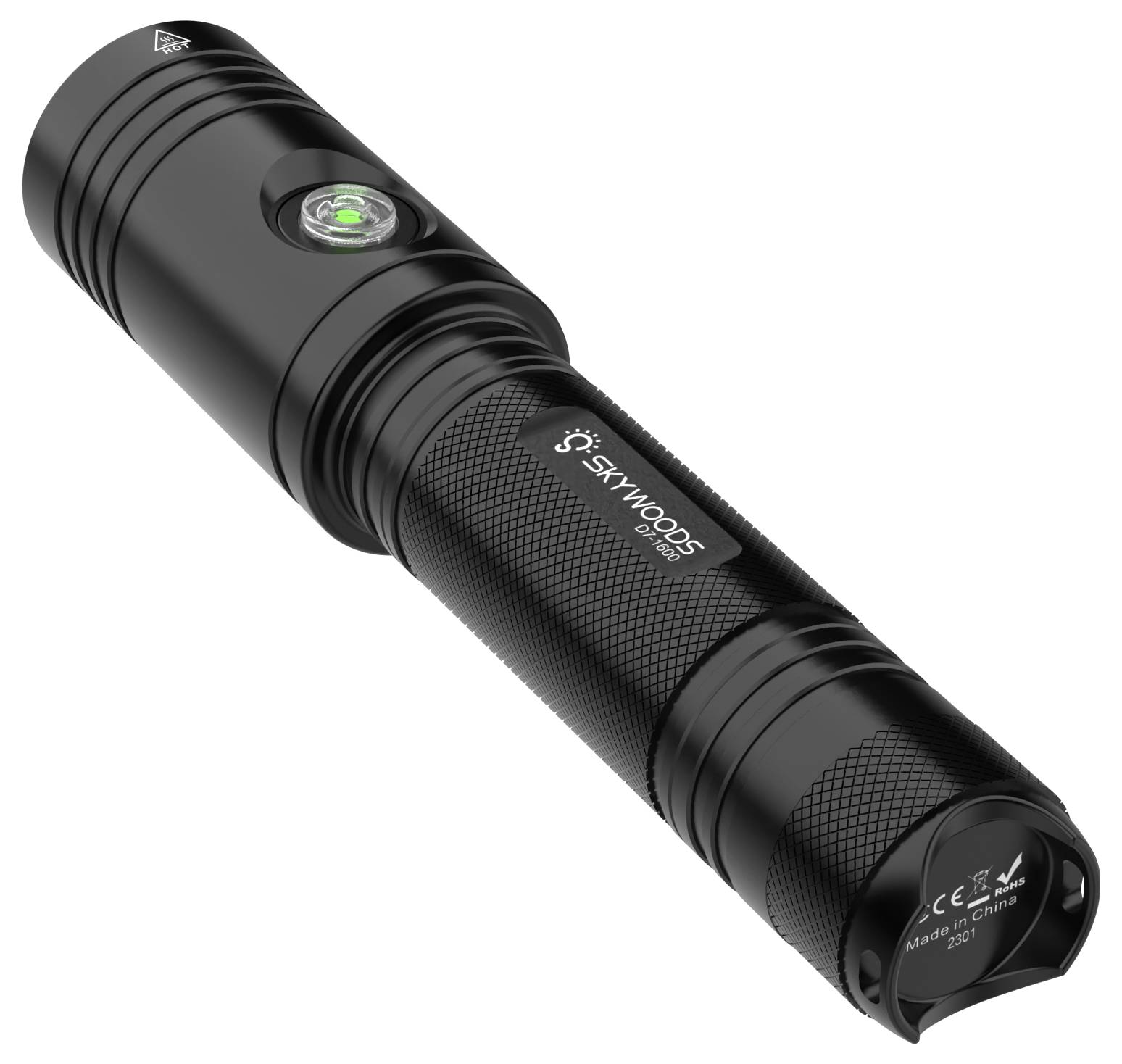 Black Skywoods flashlight with textured grip and side power button, shown diagonally on a white background.