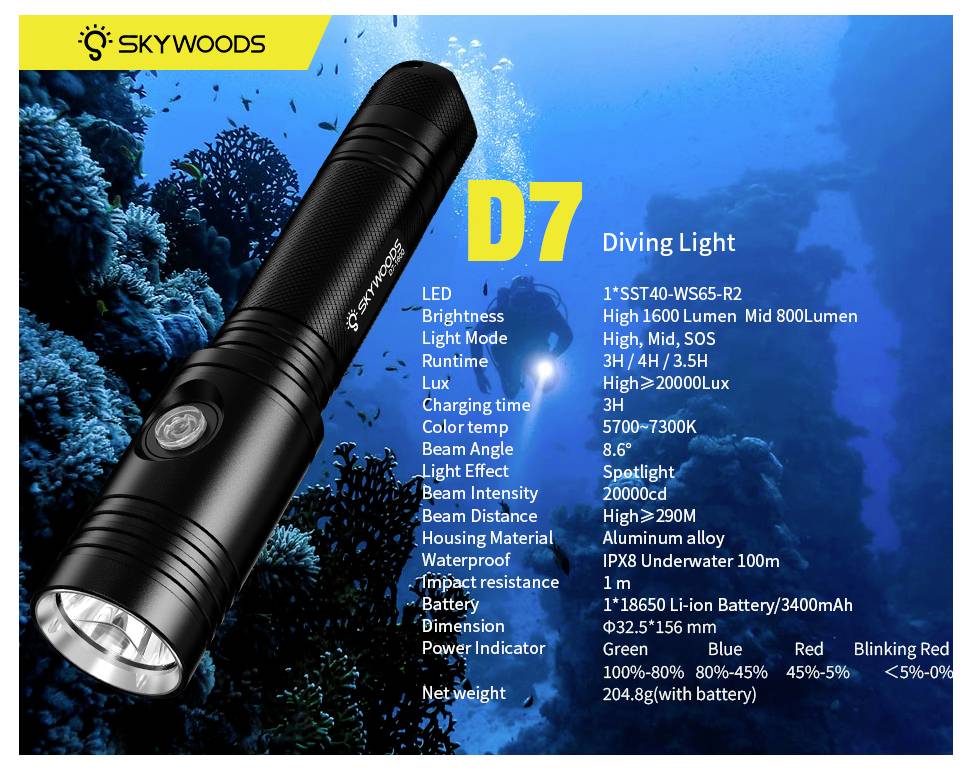 SKYWOODS D7 diving light product ad showing a black flashlight underwater with listed features, including 1000m light, 100m waterproof rating, and battery details.<br>