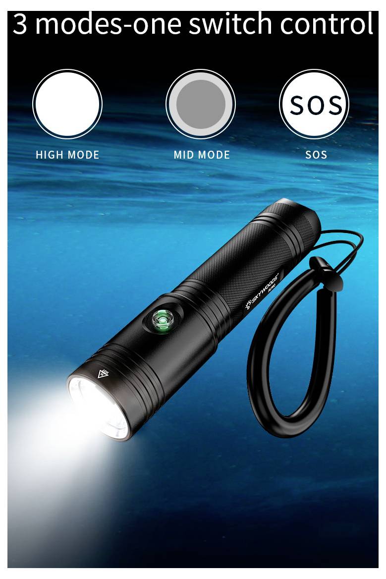 Promotional image of a black flashlight with wrist strap, showing 3 modes: 'HIGH MODE', 'MID MODE', and 'SOS'; beam lit in blue water-like background.