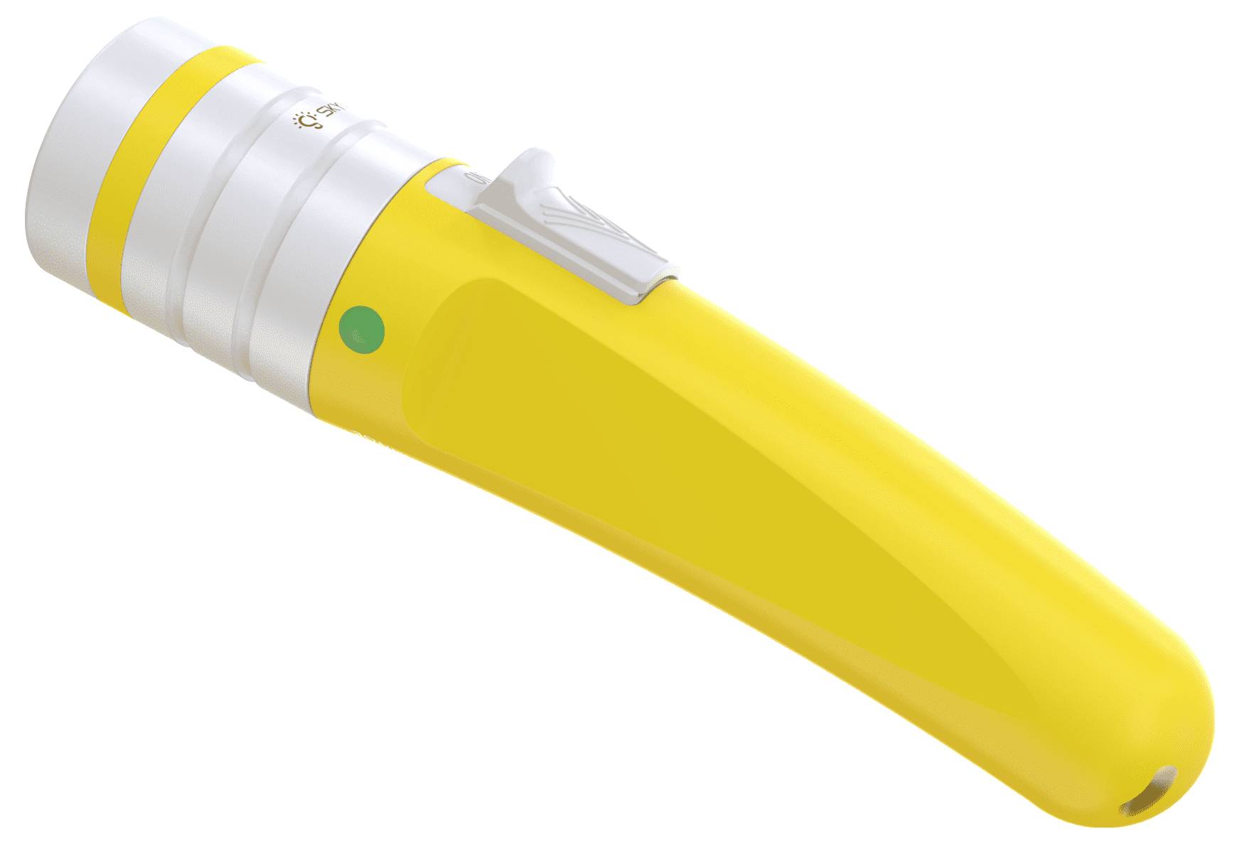 Yellow flashlight with silver head and green button, shown on a white background.<br>