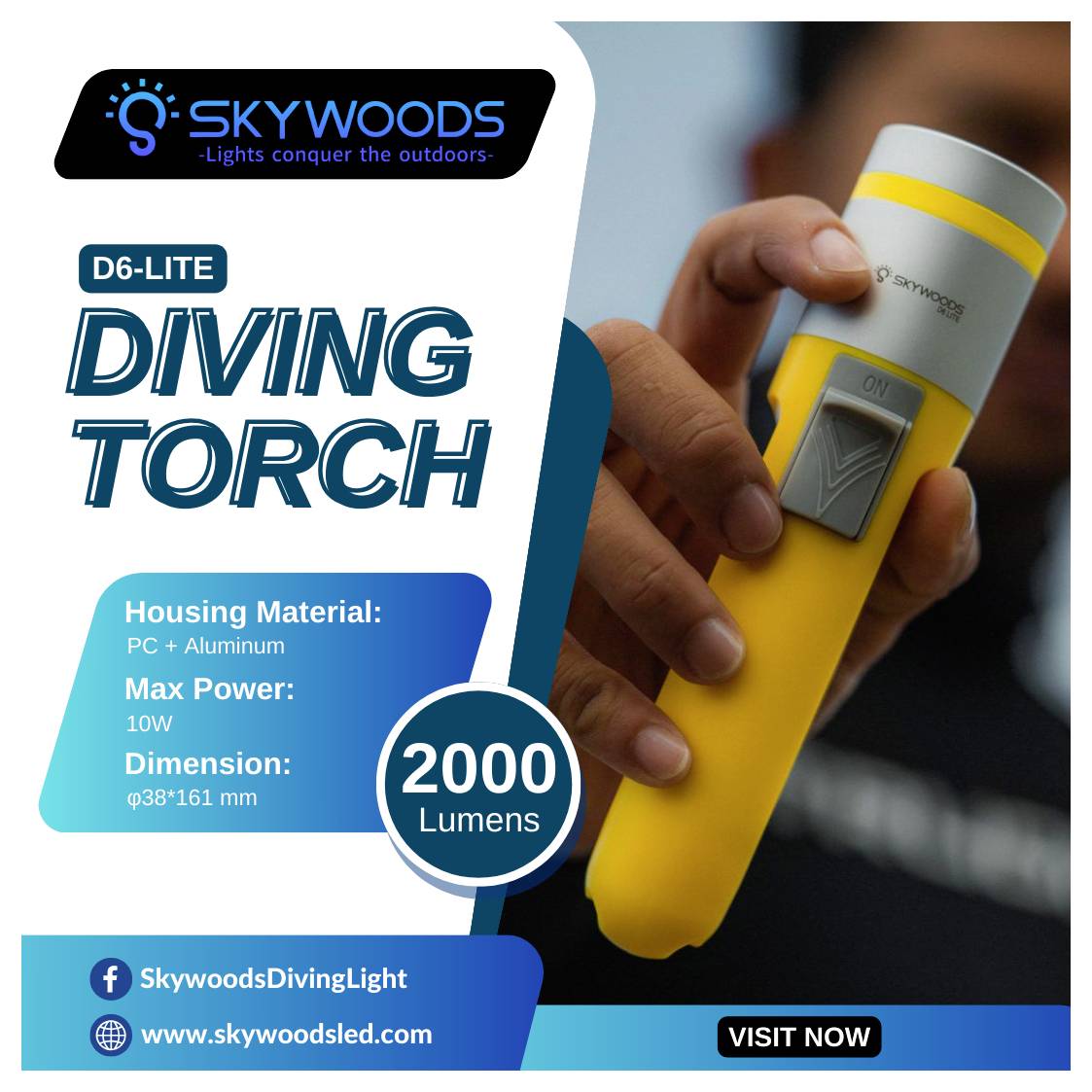 Promotional image for Skywoods D6-Lite diving torch, showing a hand holding a yellow-gray flashlight; text highlights 2000 lumens, 10W power, and waterproof diving use.