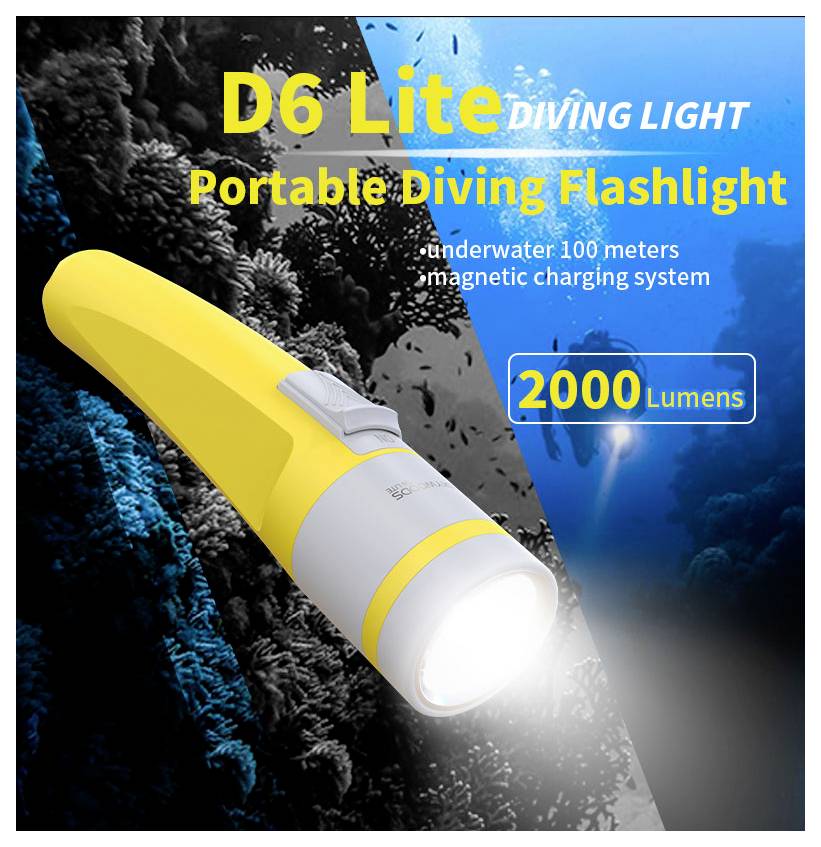 Yellow and white D6 Lite portable diving flashlight, shown lit underwater, with text promoting 2000 lumens, 100 meters waterproof, and magnetic charging.