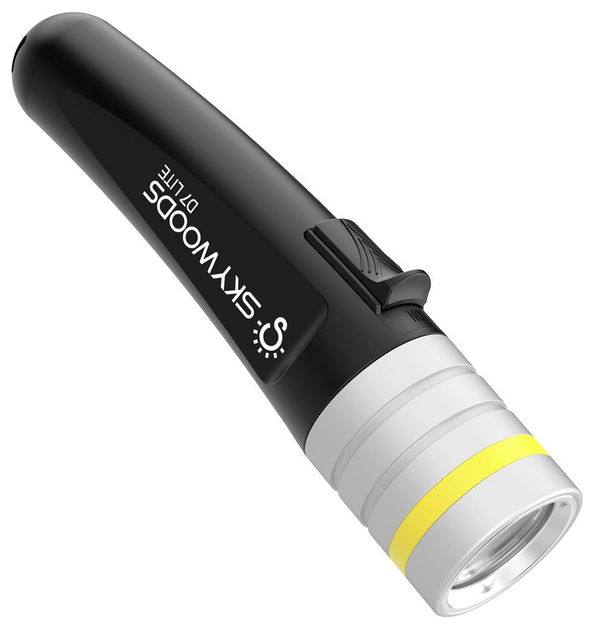Black Skywoods DTLITE flashlight with side switch and silver/yellow front bezel, shown on a white background.<br>