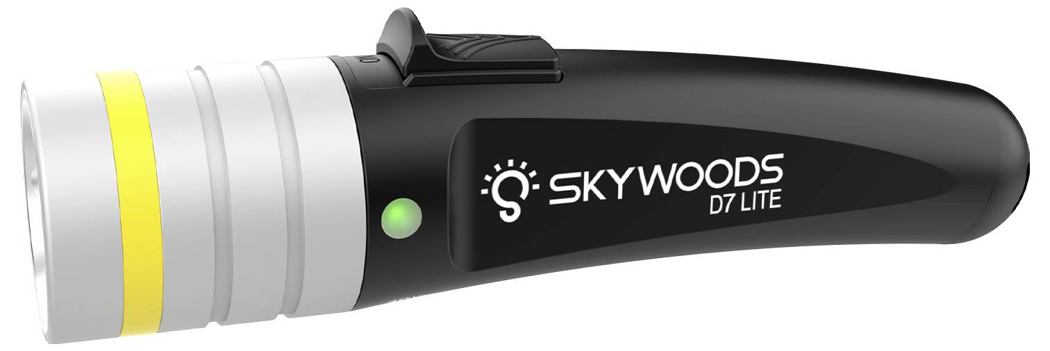 Black Skywoods D7 Lite flashlight with white head, yellow ring, green indicator light, and mounted clip on the body