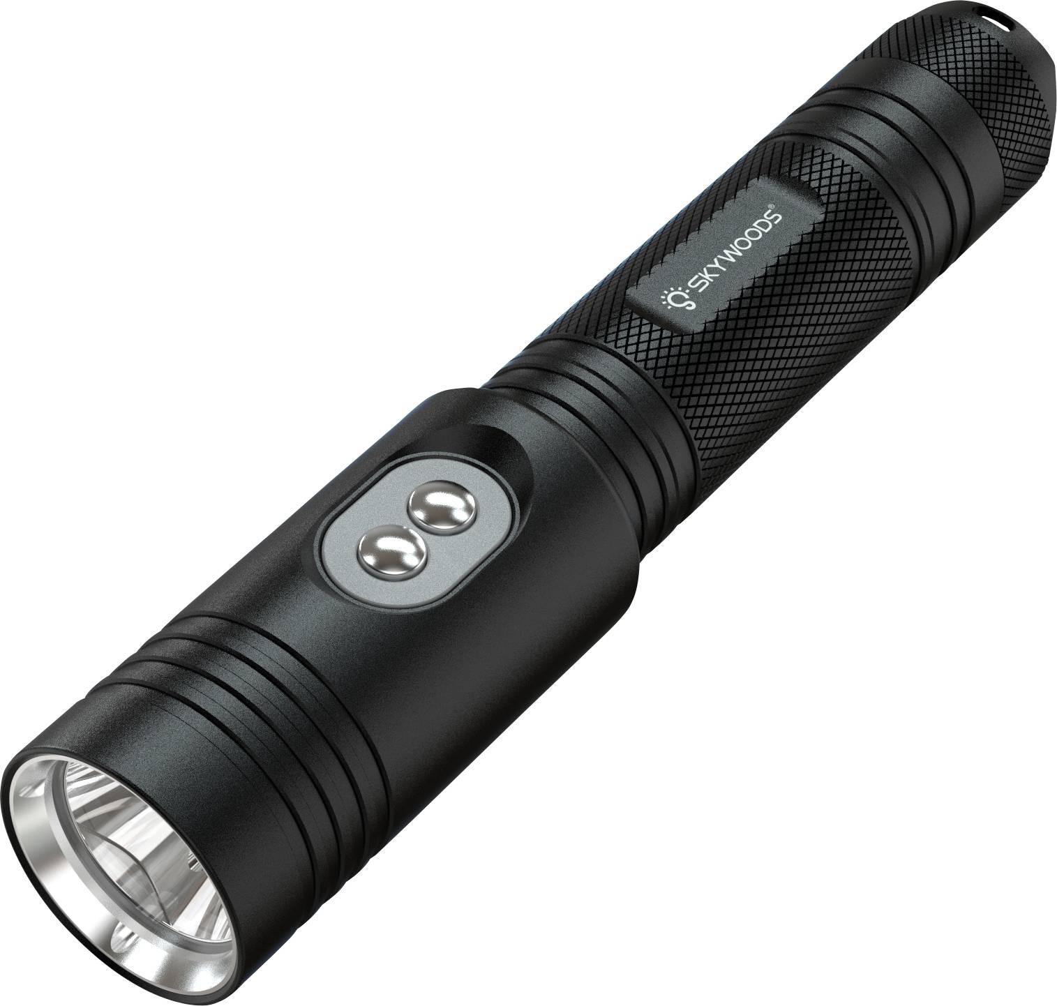 Black Skywoods flashlight with two side buttons and front lens on a white background.