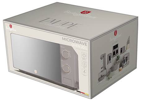 Product box for a microwave oven, labeled 'MICROWAVE OVEN 20L' with an image of the appliance on the packaging.