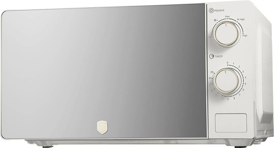 Stainless steel microwave oven with two dials labeled Power and Timer, and a shield emblem on the door.