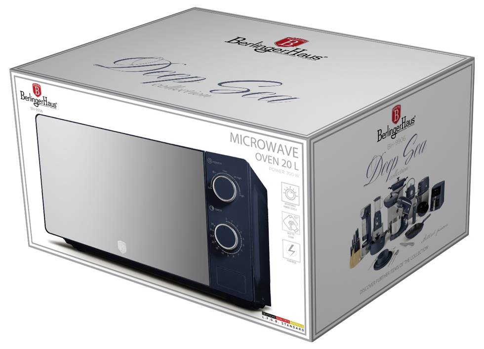 Boxed BerlingerHaus 20L microwave oven in silver and black packaging, shown from the front and side.