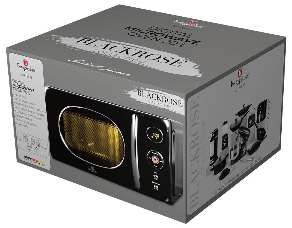 Box for Bertazzoni 'Black Rose Collection' digital microwave oven, showing the appliance and included accessories on gray packaging.