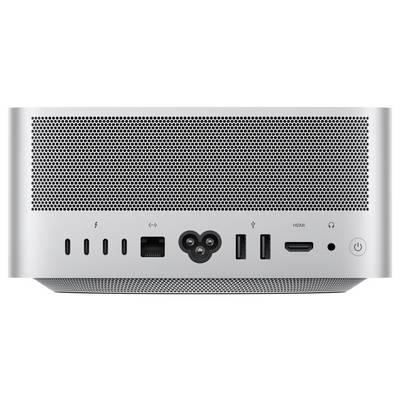 Rear view of a silver desktop computer showing ventilation grilles and ports, including USB, Ethernet, power, HDMI, and headphone jack.
