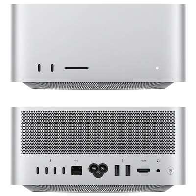 Back and front views of a silver Apple Mac Pro desktop tower showing ventilation grille, power button, and rear ports including USB, Ethernet, HDMI, and audio.
