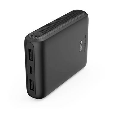 Black rectangular portable power bank with two USB-A ports and one USB-C port, labeled '10000mAh'.<br>