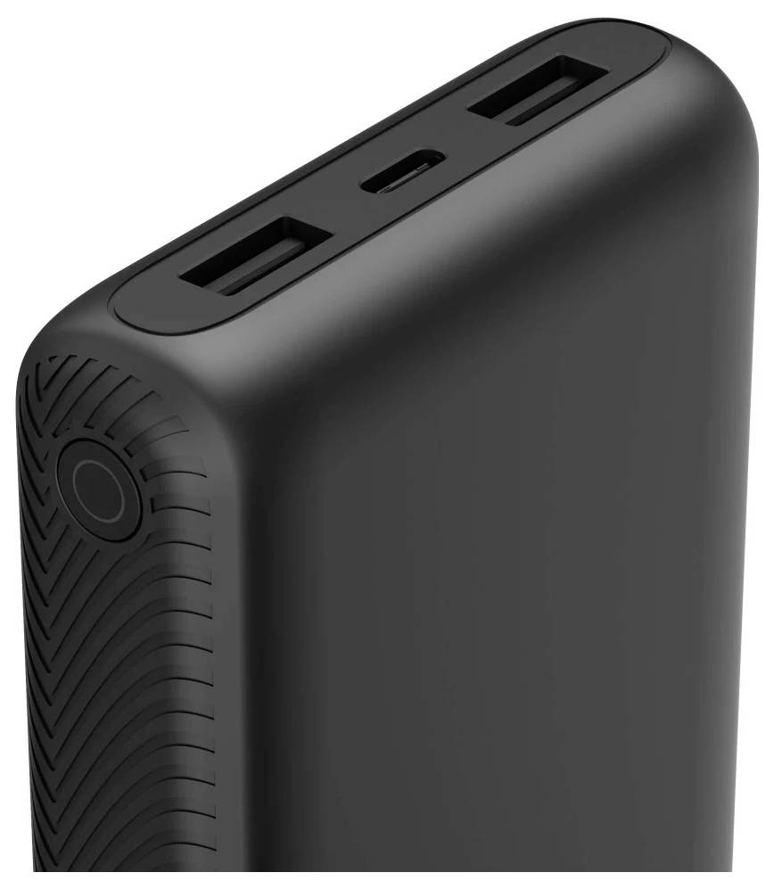 Black portable power bank with two USB-A ports and one USB-C port, shown in close-up on a white background.