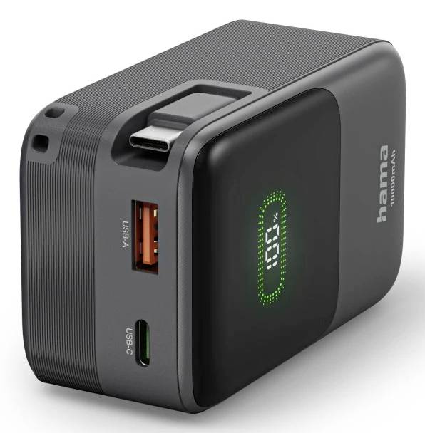 Portable Hama power bank with digital battery display, USB-C and USB-A ports, and built-in cable on a black compact case.