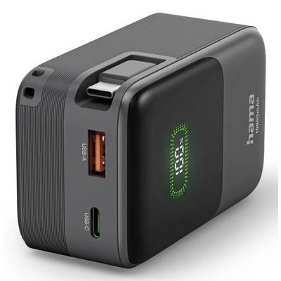 Portable Hama power bank with digital battery display, USB-C and USB-A ports, and built-in cable on a black compact case.