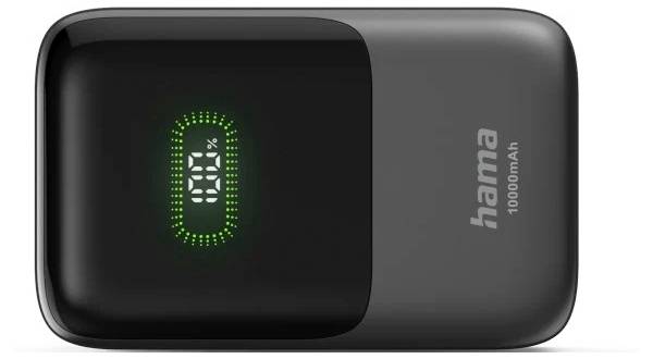 Portable Hama 10000mAh power bank with digital battery display and green LED charge indicator on a black and gray case.