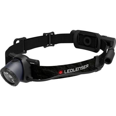 Black Ledlenser headlamp with adjustable strap and front light unit shown on a white background.